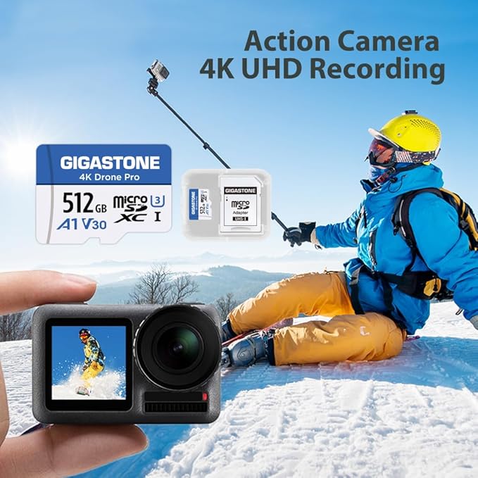 【Designed for Drone】 GIGASTONE 512GB Micro SD Card, 4K Drone Pro, MicroSDXC Memory Card for Security Camera, DJI Drone or Action Camera, 4K Video Recording, UHS-I U3 A1 V30, 100MB/s, with Adapter.