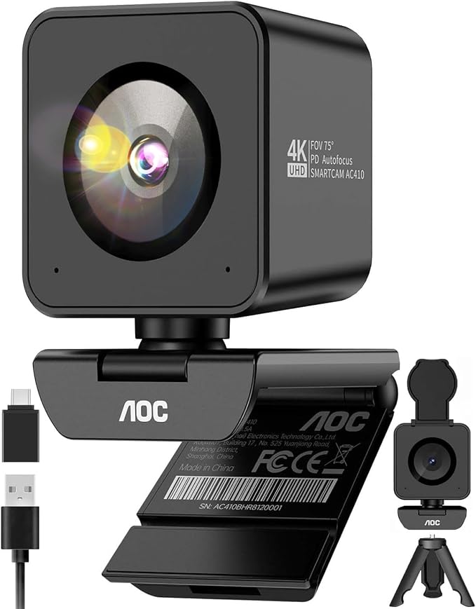 AOC 4K Webcam for PC with 1/2.55'' Sensor, 1080P 60FPS Streaming Camera with PDAF Autofocus, Privacy Cover, Plug & Play computer camera 75° FOV for Zoom/Mac/Switch 2, Includes Tripod & USB A-C Adapter