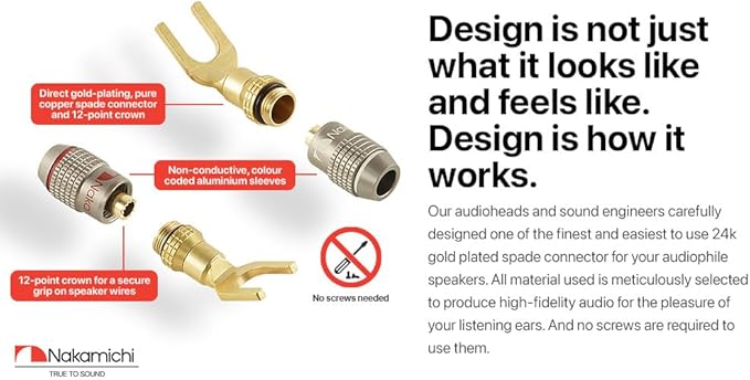 Nakamichi FanLock Excel Series 24k Gold Plated Spade Connector Banana Plug 10 AWG - 18 AWG Gauge Size 4mm for Speakers Amplifier Hi-Fi Home Theatre Wire Cable Quick Connector, 4 Pcs (2-Pairs)
