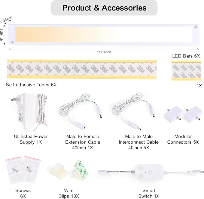 6pack 12inch Dimmable LED Under Cabinet Light Kit, 2700K to 6000K Smart LED Under Counter Lighting Fixture, Compatible with Alexa, Google Assistant, for Kitchen, Pantry, Shelf (White)