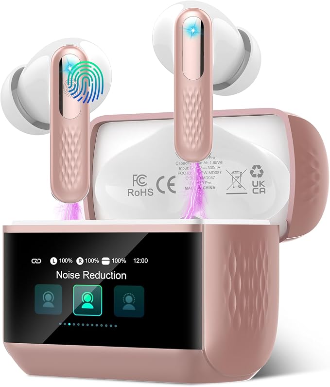 Wireless Earbuds with Touch Screen, Bluetooth 5.4 Headphones, ANC/ENC Noise Cancelling, 48H HiFi Stereo Bluetooth Ear Buds with 5 EQ Modes, Transparency Mode, IPX7 Earphones, Rosa