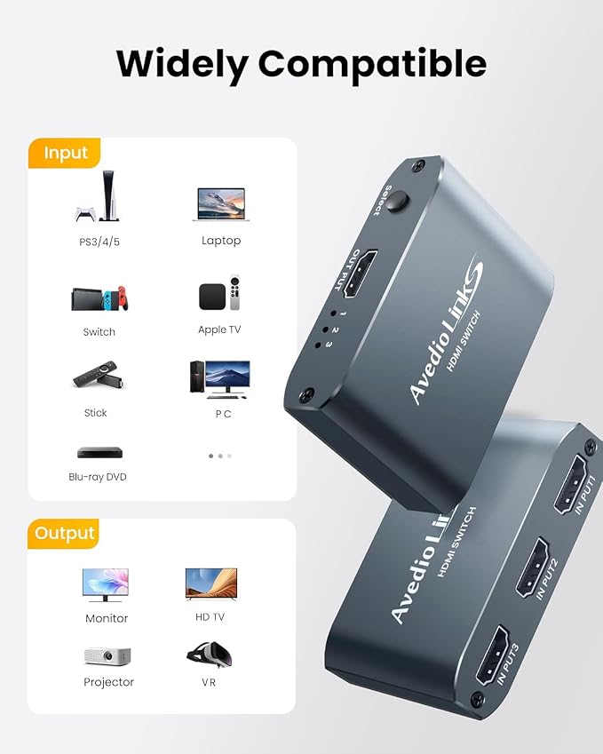 avedio links HDMI Switch 3 in 1 Out 4K@60Hz Aluminum Alloy【with 4FT HDMI 2.0 Cable】, 3x1 4K HDMI Switch Box, 3-Port HDMI Selector Switcher Support HDCP 2.2, HDR 10, for Fire TV Stick, PS5
