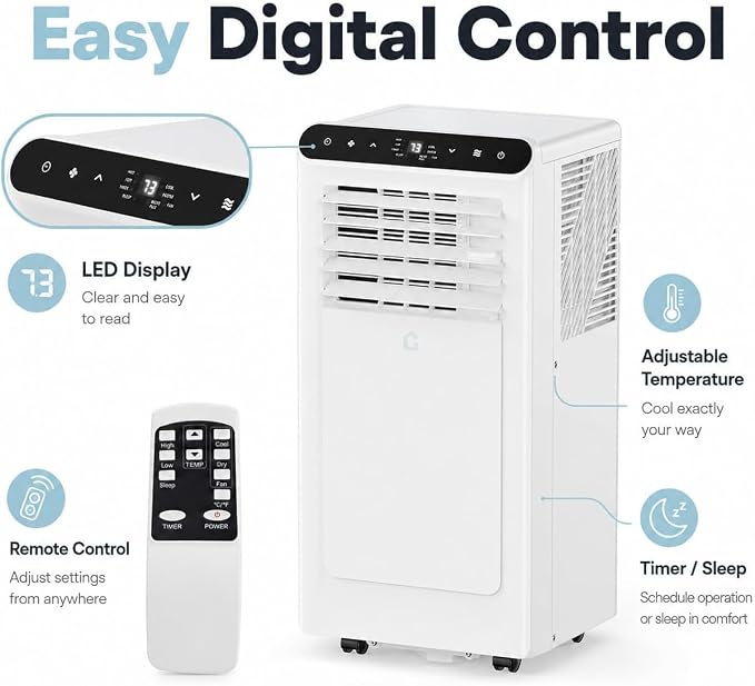 8000 BTU Portable Air Conditioners, 3-in-1 Portable AC with Cooling Dehumidifier Fan, Quiet Sleep Mode, Remote Control, 24H Timer,LED Touch Screen, for Bedroom Office Dorm Rooms Up to 350 Sq Ft