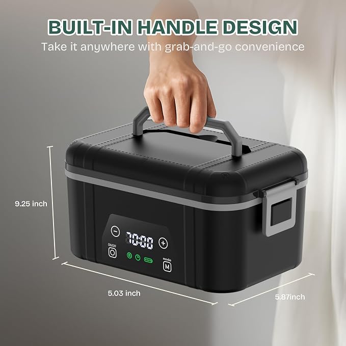 Cordless Heated Lunch Box, Smart Timer Automatic Heating Food Warmer for Adults, 5.5-Cup Portable Electric Lunch Container with Handheld Insulated Bag（Dark Black）