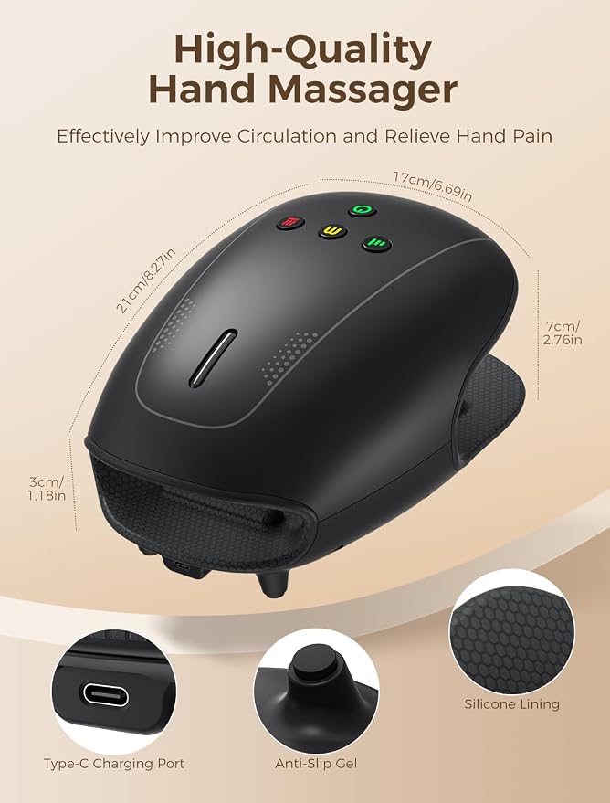 Estefanlo Hand Massager with Heat and Compression, Cordless Hand Massager for Arthritis Pain Relief, 3 Modes Air Compression Finger Massage Device, 2 Heat Levels, Washable Silicone Liner, Black