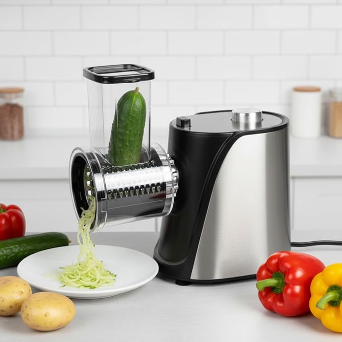 5-in-1 Electric Vegetables Chopper, 250W Cheese Grater Salad Shooter with 5 Different Blades, Kitchen Food Processor Cutter Slicer for Carrots, Potatoes, Nuts, Crackers, Salad Prep