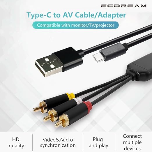 USB-C to RCA Cable Adapter for Screen Mirroring, 6FT Audio Video | Includes USB-A and USB-C power options for stable connection and flexible charging support
