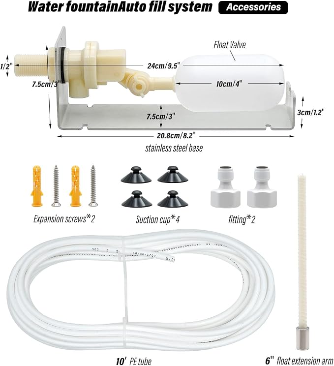 Water Fountain Auto Fill System AutoFill Water Level Kit, 1/4 Inch Tube with Adjustable Arm for Outdoor Fountain Pond Aquariums Aquaculture