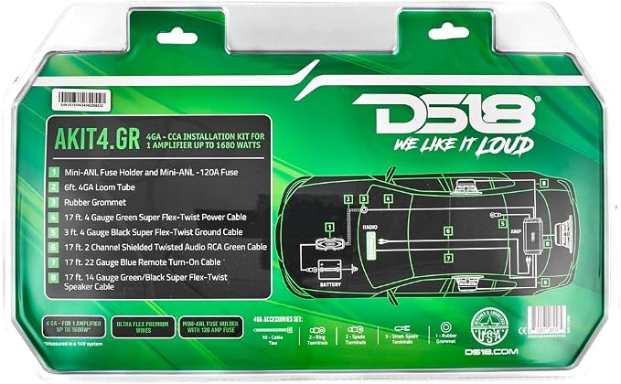DS18 AKIT4.GR 4-GA Amplifier Installation Kit Up to 1680 Watts RMS, Mini-ANL Fuse Holder, Speaker & RCA Cables, CCA Amplifier Wiring Kit, Ultra Flex Wire, Amp Wire Kit, Amp Wiring Kit 4 Gauge - Green