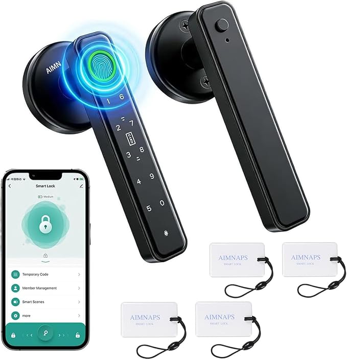 Fingerprint Door Lock, Door Locks for Bedroom, Keyless Entry Door Knob with Handle,Generate Passcode App Remotely-Smart Door Lock for Apartment, Office-Black