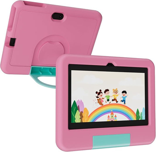 Android Tablet 7 inch Tablets with Case, 4GB RAM 32GB ROM 1TB Expand, Quad-core Processor Tablet PC, 1024 x 600 IPS Screen, Dual Cameras, 3000mAh Battery, Bluetooth, WiFi, GMS, Widevine L1 Pink