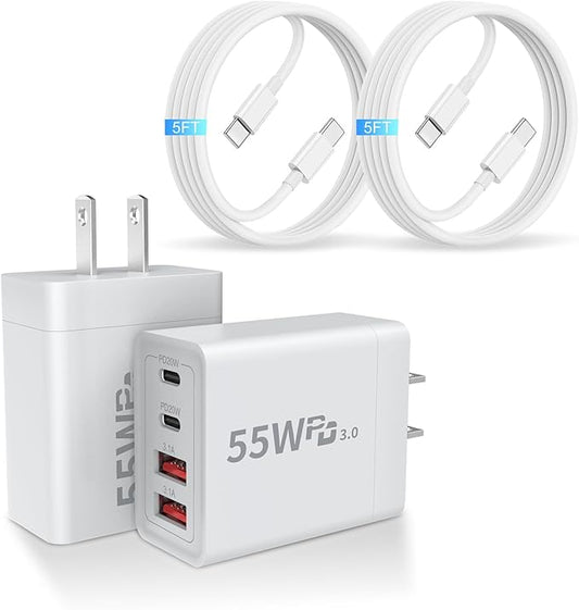 USB C Charger Block, 2 Pack 55W 4-Port Multiport Fast Wall Charger with PD (2x20W)+QC (2x3.1A) Power Adapter, Fast Charging Cable, Type C Charging Hub for iPhone 17/16/15/14/13/12/Pro/Max/XS