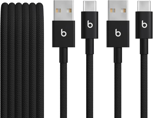Beats USB-A to USB-C Woven Cable 2 Pack Fast Charging Durable/Tangle-Free Compatible Charger for Apple & Android Devices (1.5 m, 5 ft) - Bolt Black