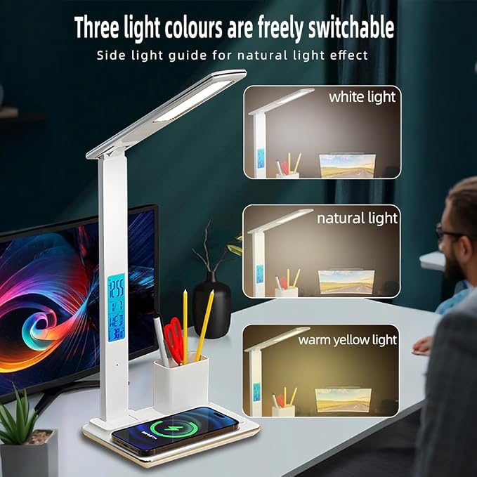 IHAO 7in1 Smart Desk Lamp with Wireless Charger & Digital Clock | 15W Fast Charging for Phone & Earbuds, Time/Date/Temp Display, Alarm, 3 Light Modes, USB Port, Detachable Pen Brush Pot-HYT1771 Black