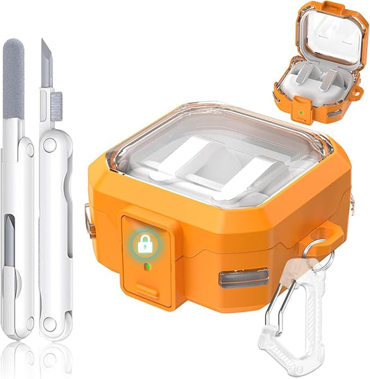 with Safety Lock for Samsung Galaxy Buds 4 Pro Case, Galaxy Buds 4 Case Cover, Clear Cyber Cases with Keychain & Cleaning Kit, Military Grade Armor Shockproof Full Body Protective Hard Shell (Orange)