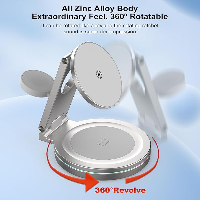Foldable 360º Rotatable Zinc Alloy 3-in-1 Magnetic Wireless Charger,3 in 1 Charging Station,Charging Stand,15W for iPhone 12-17,for Apple Smartwatches, AirPods (Adapter Included) (White)