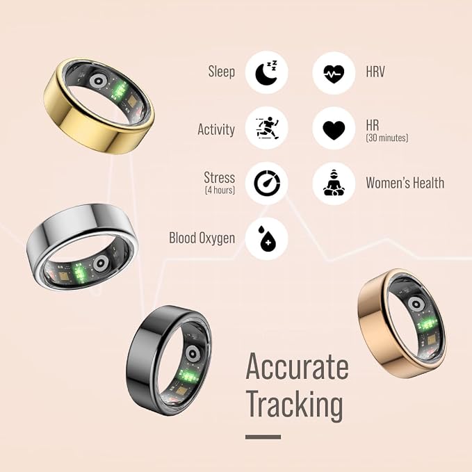 Herz P1 Smart Ring for Women & Men - (Size 8) 24/7 Health Metrics Fitness Ring, Tracks 20+ Biometrics, 6 Day Battery Life, Waterproof Stainless Steel, Free APP for iOS Android, No Subscription