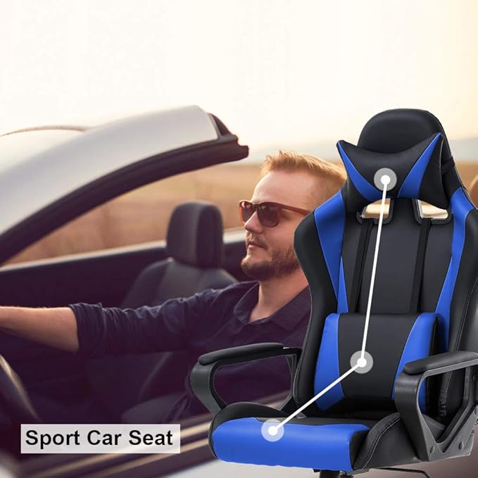 BestOffice PC Gaming Chair Massage Office Chair Adjustable Desk Chair High Back PU Leather Executive Rolling Racing Computer Chair with Lumbar Support Headrest Armrest Swivel Task Chair(Blue)