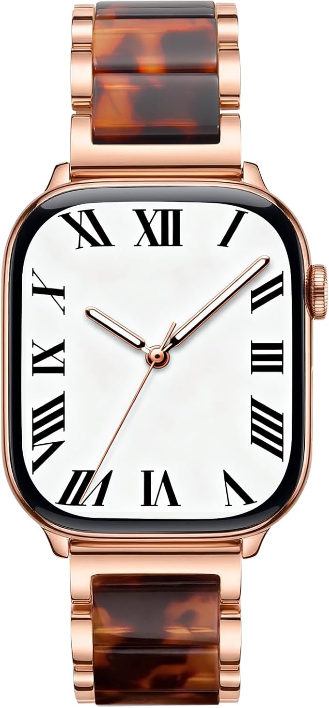 V.R.HOPE Apple Watch Band for Women 42mm 44mm 45mm 46mm 49mm Fashion Rose Gold Stainless Steel Metal Strap with Resin Inlay, Fashion Bracelet Compatible with iWatch Series Ultra3/11/10/9/8/7/6/SE (Tortoise+Rose Gold)