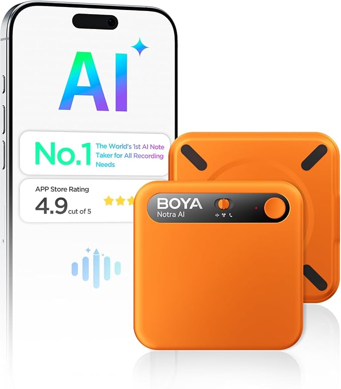 BOYA Notra AI Voice Recorder,Ambient/Phone Call/Bluetooth Capture, AI Transcription&Smart Summary, Support 140+ Languages, 64GB Storage, Magnetic Note Taker for Meetings,Lectures,Interviews（Orange）