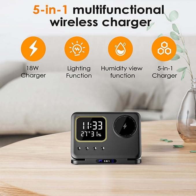 IHAO 5in1 Multi Functional Wireless Charger with Digital Clock 15W Fast Charge Night Light Temperature Display MagSafe Compliant for iPhone iWatch and Qi Headphone-DH13 White