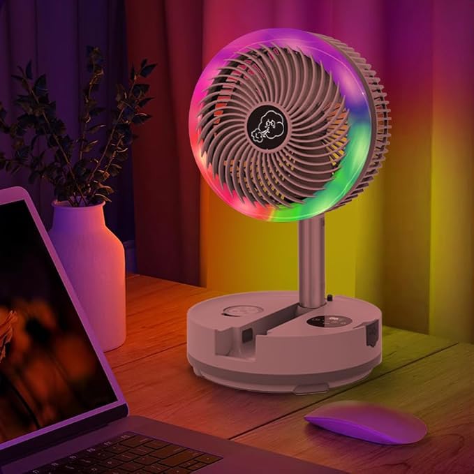 Foldable Oscillating Camping Fan with Remote, 10" USB C Rechargeable 40000mah Battery with LED Colorful Lights, Portable Floor Fan for Bedroom Office Camping