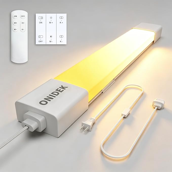 ONIDEK Under Cabinet Lighting Plug in Light Dimming and Color with Remote | With wireless wall switch 16 inch 15W 1500LM 3000-6500K adjustable LED Tube Light Fixture for Cabinet Closet Office