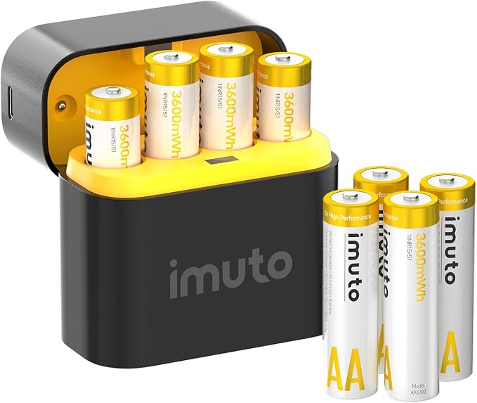 imuto 3600mWh Rechargeable AA Lithium Batteries with Charger, 1.5V 3A Output aa Batteries, 2500+ Cycles, 8 Pack with 4-Slot Fast Charging Case with LED Display for Blink Outdoor Cameras & Toys