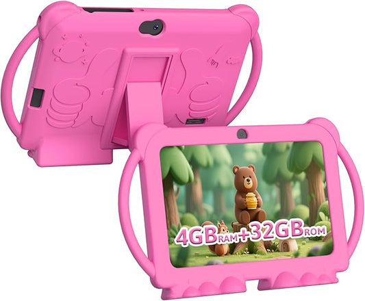 HOTTABLET Kids Tablet 7 inch Android, 4GB RAM 32GB ROM, 1TB Expandsion, with Parental Control, WiFi, Bluetooth, Dual Camera with Silicone Case, 1PCS (Pink)