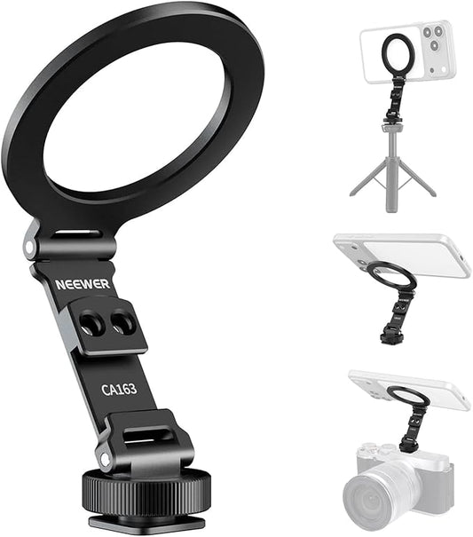 NEEWER Magnetic Tripod Phone Mount Cold Shoe Adapter, Aluminum Compact Lightweight Portable Phone Holder Attachment for Camera, Compatible with MagSafe iPhone Samsung Android Video Recording, CA163
