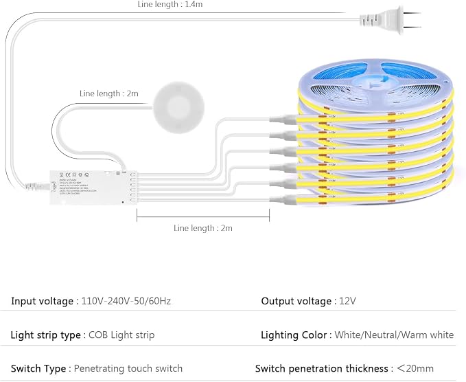 AIMENGTE Cabinet Light, LED Strip Lights, 6-in-1 12V COB Under Cabinet Lighting with Penetrable Touch Dimming, Energy-Efficient, for Wine Cabinets, Shoe Racks, Wardrobes, Kitchen Cabinets