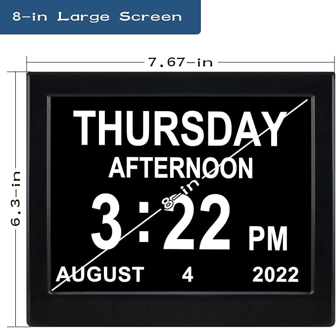 Day Date Time Clock for Seniors Elderly 3 Medication Reminders+ 5 Custom Reminders Digital Calendar Dementia Impaired Vision Memory Loss Clock(Black,8-inch)