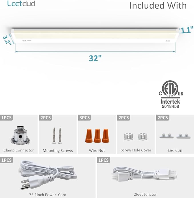 Leetdud Under Cabinet Lighting Plug in or Hardwired Built-in Dimmer, 32 Inch 16W, 5CCT 2700/3000/3500/4000/5000K, Linkable Counter Lights for Kitchen, ETL Dimmable LED Light Fixture, White