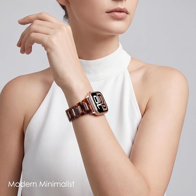V-MORO Resin Band Compatible with Apple Watch 42/44/45/46/49mm,Fashion Lightweight Bracelet with Polished Rose Gold Stainless Steel Inlay for iWatch Series 11/10/9/8/7/6/5/4/3/2/1/SE,Tortoise Shell