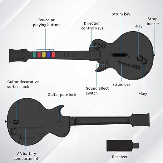 NBCP PC Guitar Hero Controller, Wireless PS3 Guitar Hero with Dongle for PC/PlayStation 3, Compatible with Guitar Hero, Rock Band, Clone Hero & Fortnite Festival - Black