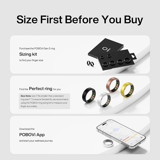 POBOVi Gen 2 Titanium Smart Ring for Women & Men, Sleep & Heart Rate Tracker, No Subscription, Size Before You Buy (Silver,7)