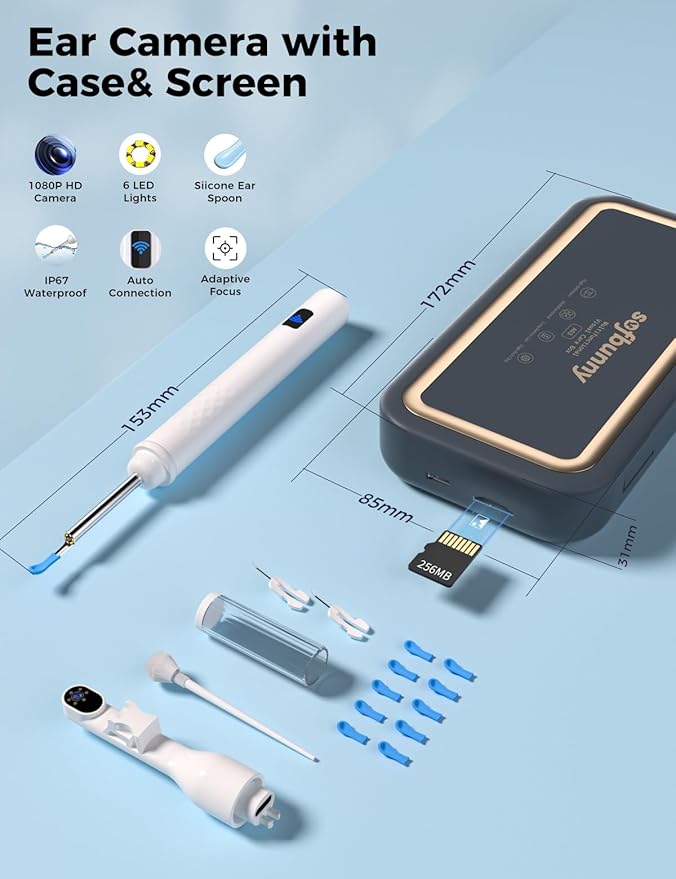 Sofbunny A03 Ear Wax Removal Tool Camera with Screen, Ear Cleaner with 1080P HD Camera, 3 in 1 Ear Cleaning Tool with 10 Replacement Tips,Earwax Remover Kit for Kids & Adults,Otoscope with LED Lights