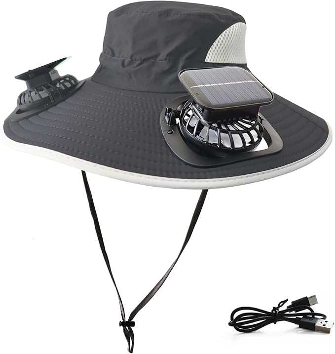 Solar Fan Hat Rechargeable 2Detachable Solar Fans,Water-Repellent Wide Brim Bucket Hat, Outdoor Camping Hiking Golf Sun Hat