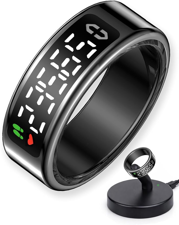 Smart Ring with LED Display，Fitness Tracker Ring, IP68 Waterproof Health Tracker Ring, Blood Oxygen & Heart Rate Monitor, Long Lasting Battery Sleep Ring for Women & Men
