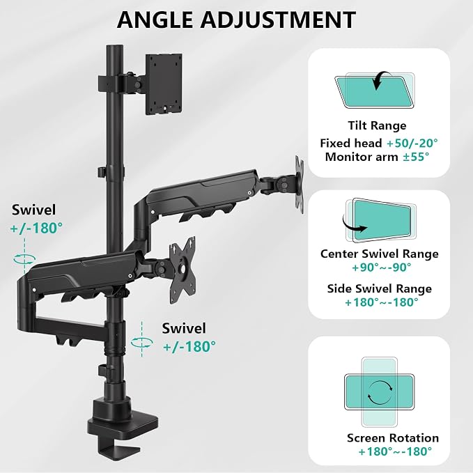 WALI Triple Monitor Mount, up to 49'' Ultrawides on Top Bracket and 34'' Screens on Side Brackets, Extra Tall 3 Monitors Desk Mount, Heavy Duty Monitor Arm up to 44 lbs (GSDM003N-P), Black