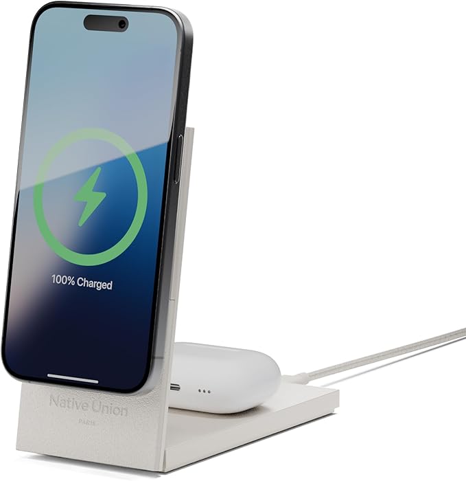 Native Union Rise 2-in-1 Magnetic Wireless Charger – Qi2 Certified & MagSafe Compatible – 15W Fast-Charging Foldable Charging Stand for iPhone Air, 17 with Wireless Pad for AirPods Pro 3 (Sandstone)