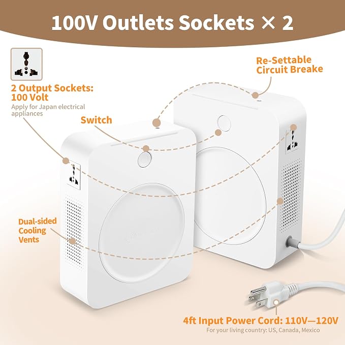 SUNSHUN US to Japan Voltage Converter 120V to 100V Step Down Transformer | 800W Step Down Power Converter, For Japanese Appliances, Used in US Canada Mexico