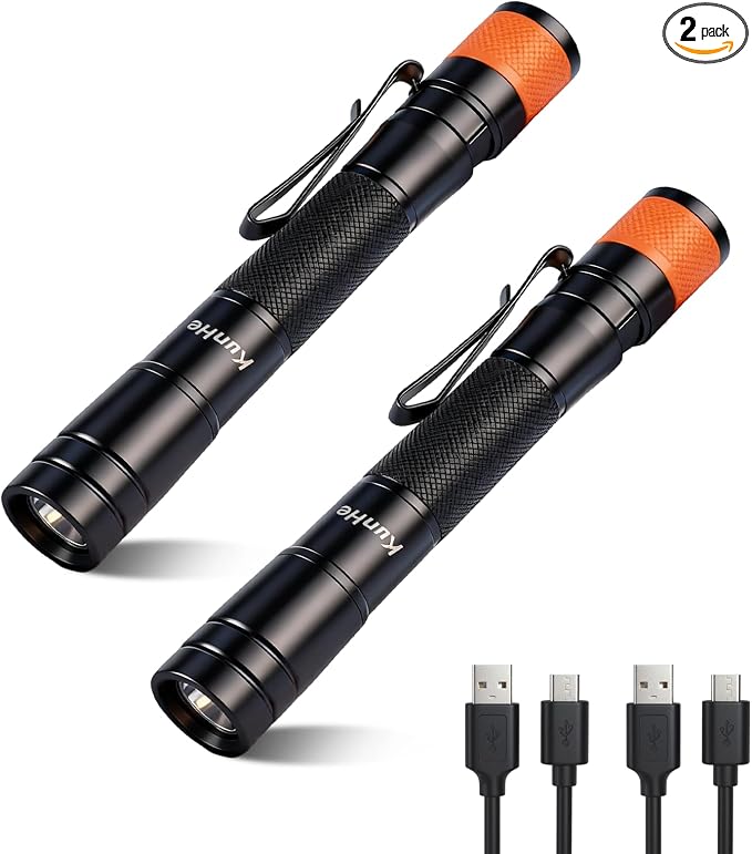 KunHe 180 Lumen LED Portable Rechargeable Pen Flashlight 2-Pack Waterproof Pocket Flash Light Single Mode Easy to Use with Clip Suitable for Inspection Camping and Daily Use