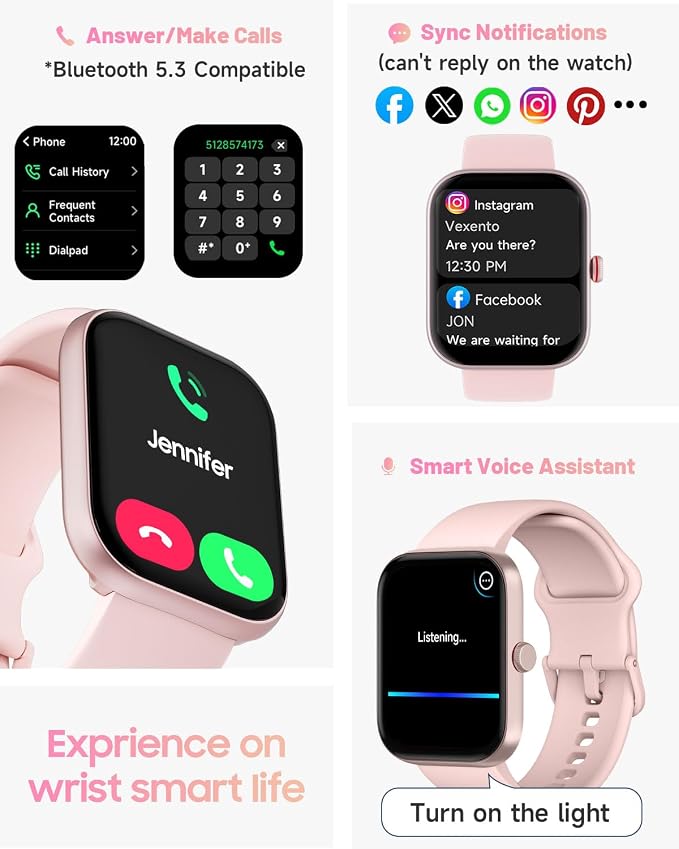 TOOBUR Smart Watch for Women, Answer/Make Calls, 1.91" HD Screen Fitness Watch with Alexa, 100 Sports, Heart Rate and Sleep Tracking, IP68 Waterproof, Smartwatch Compatible Android iOS, Light Pink