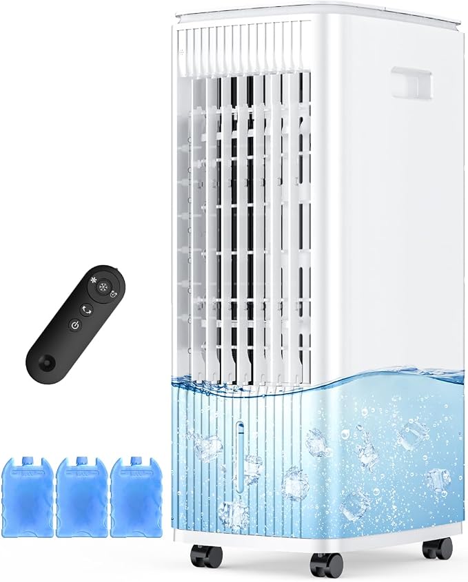 BALKO 3-IN-1 Windowless Air Conditioner w/Double Tanks, Smart Timer, 3 Ice Packs, 60W Evaporative Air Cooler, 70° Oscillation, 3-Speed 25-INCH Swamp Cooler Air Conditioner Portable for Room