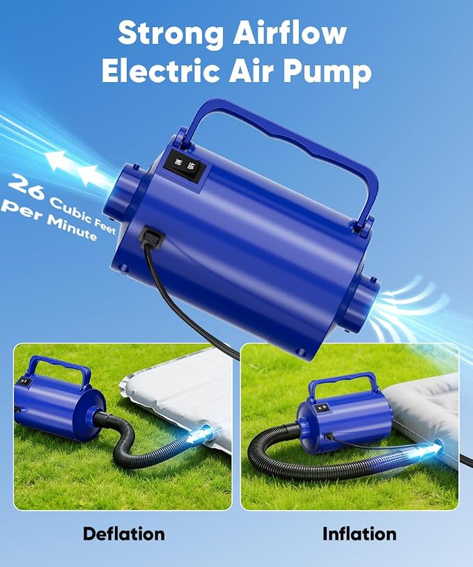 Electric Air Pump with Hose for Inflatables, High Power Inflator Deflator Blow Up Pump with 6 Nozzles, Pool Toy Float Pump for Pool Floats, Air Mattress, Gym Mat, 320W, 1.5PSI, 120V AC, Blue