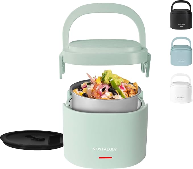 Nostalgia Portable Heated Lunch Box – 2.5-Cup Stainless Steel Food Warmer – Detachable Cord, Leak-Proof Lid, Carry Handle – Portable for Work & Travel – Sage