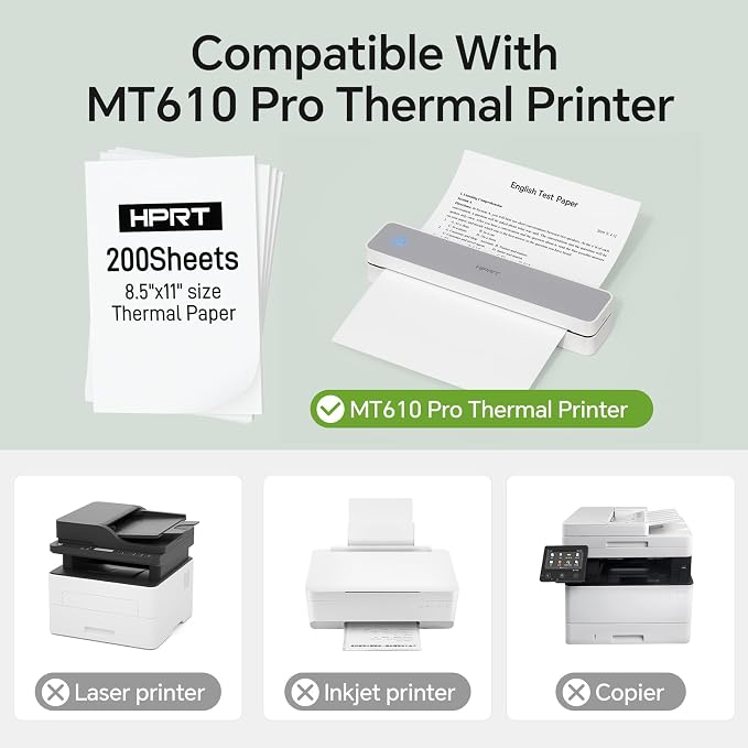 HPRT MT610 Pro Portable Printer Wireless for Travel &200 Sheet Thermal Paper US Letter Size