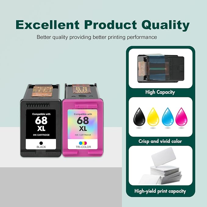 68 XL 6155e 6555e Ink Cartridges Black/Color Combo Pack 68XL 68e for HP68 for HP Printers Envy 6100e 6500e Series 6152e 6165e 6558e 6552e 68 XL (2 Pack 1 Black, 1 Tri-Color)
