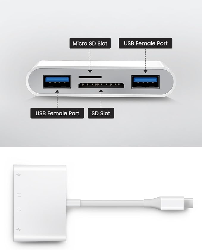 Oyuiasle USB C SD Card Reader, Type C 4-Slots Memory Card Adapter with Dual USB Ports, Supports SD, MicroSD, Compatible with iPhone 15,iPhone 16, iPad, Mac, Laptop, MacBook, Android Galaxy
